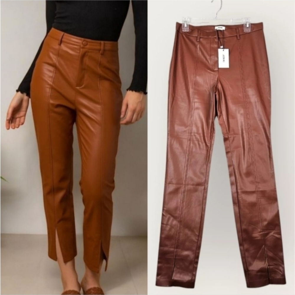 NEW Jason Wu High Rise Faux Leather Pant Slim Fit Slit Hem Caramel Medium - Picture 16 of 16